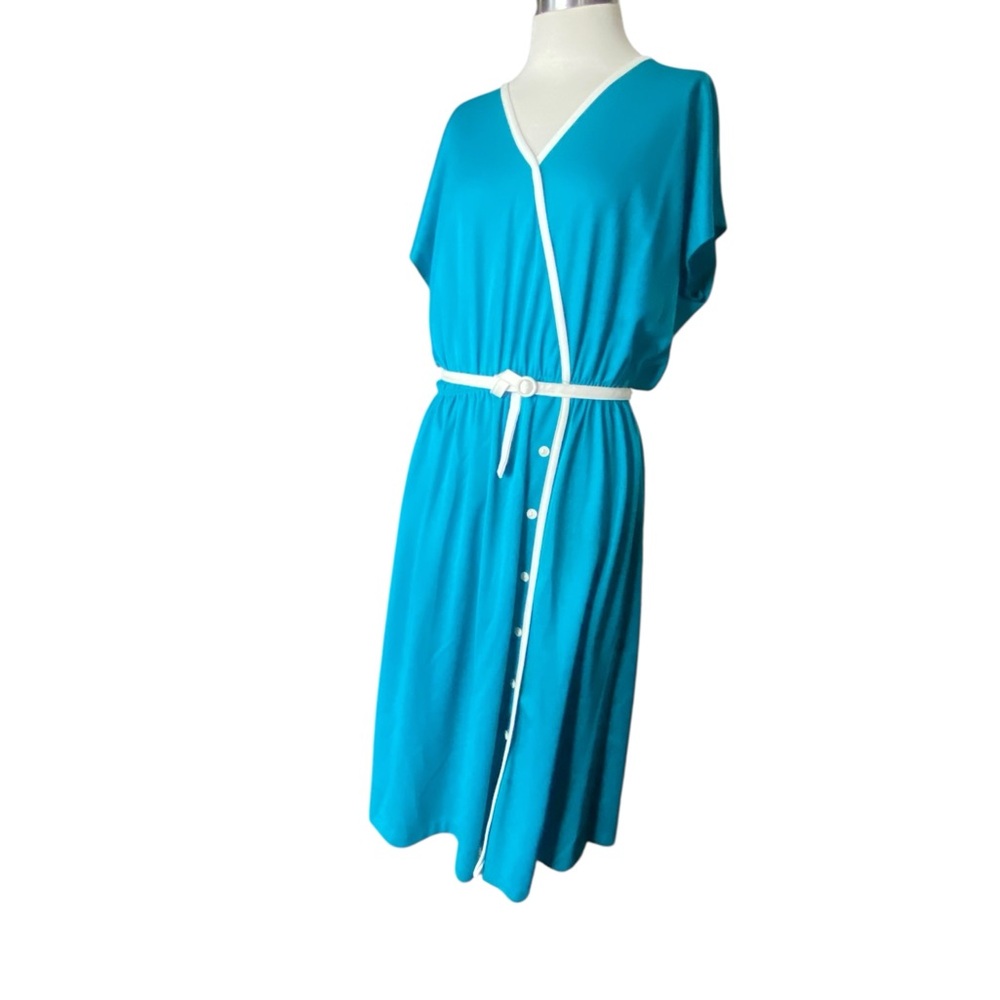 Vtg Dark Teal Faux Button Front Day Dress M/L 38 Bust Cottage Core Granny Core